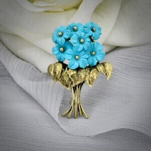 Vintage 14K Yellow Gold Turquoise Flower Bouquet Brooch / Scarf Pin/ Pendant